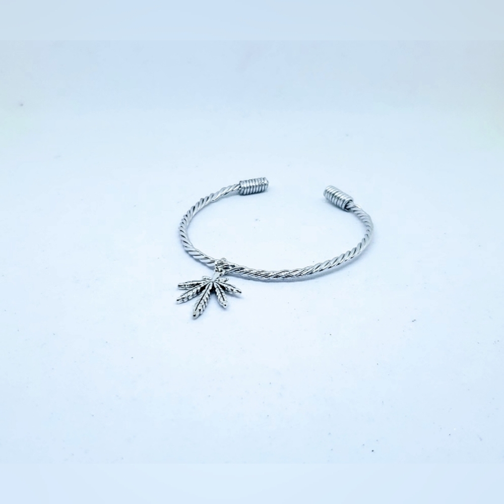 Silver Twisted Bangle with Leaf Charm